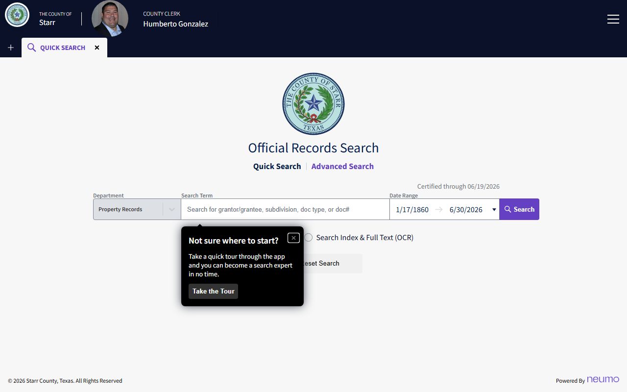 Starr County official records search portal with search scope options
