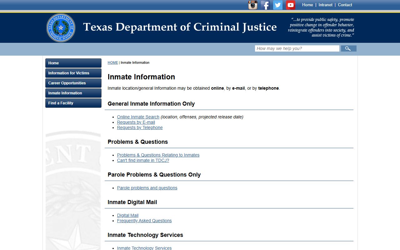 Texas Department of Criminal Justice inmate information page
